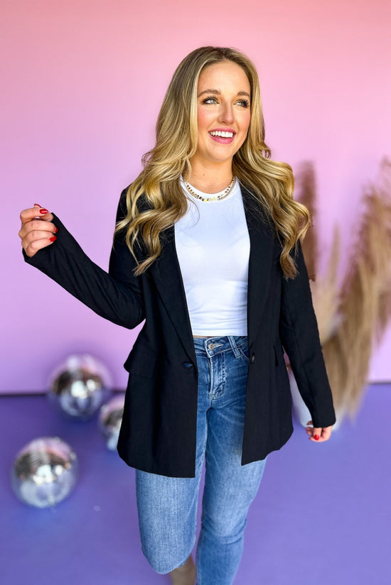 Load image into Gallery viewer, Black Oversized Linen Blazer, linen blazer, transition piece, mom style, elevated style, shop style your senses by mallory fitzsimmons
