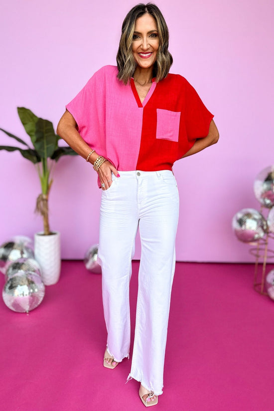 Hot Pink Red Colorblock V Neck Pocket Top, V neck top, summer top, mom style, summer style, shop style your senses by mallory fitzsimmons