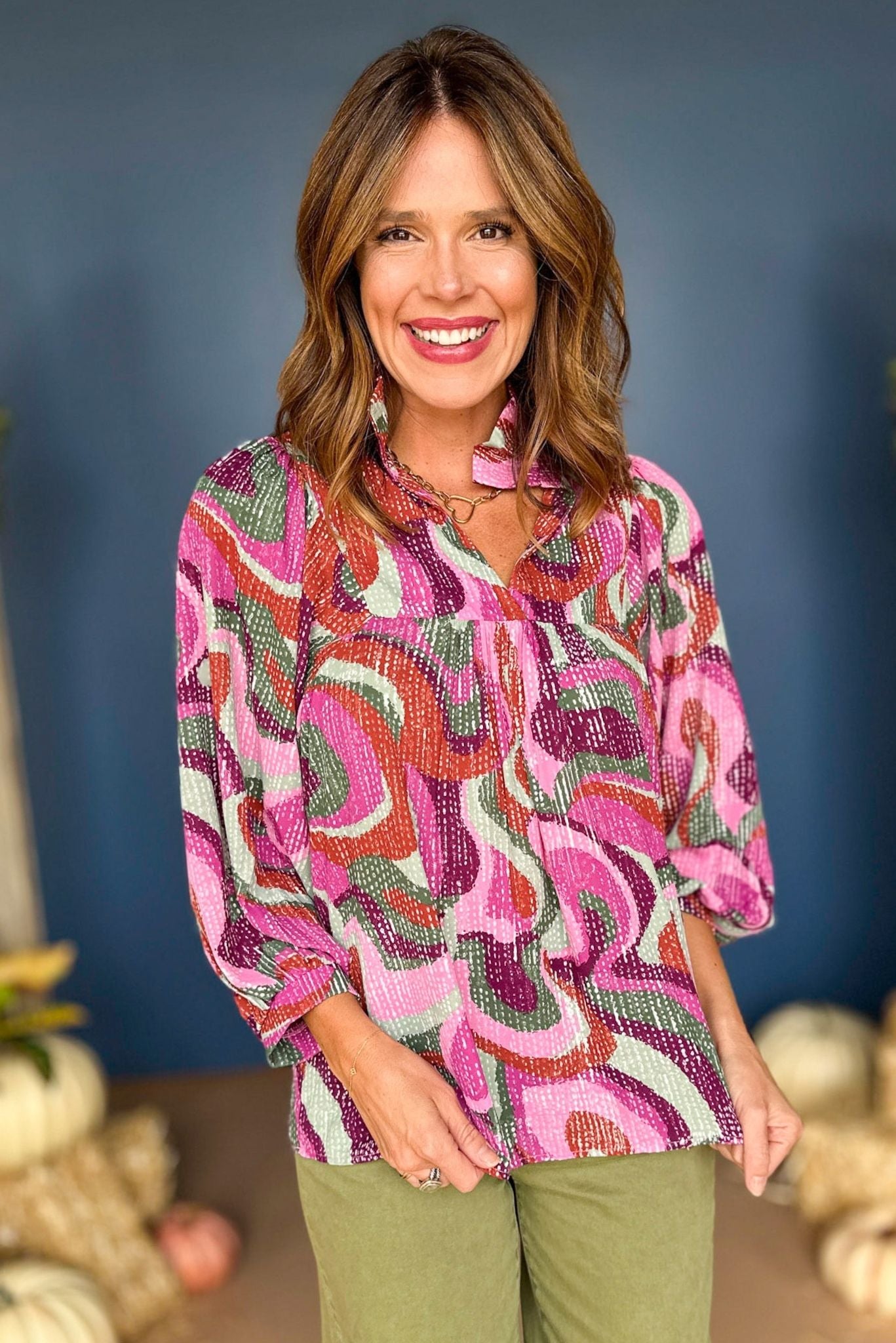 Load image into Gallery viewer, Purple Multi Abstract Printed V Neck Collared Bubble Long Sleeve Top, must have top, must have style, must have fall, fall collection, fall fashion, elevated style, elevated top, mom style, fall style, shop style your senses by mallory fitzsimmons
