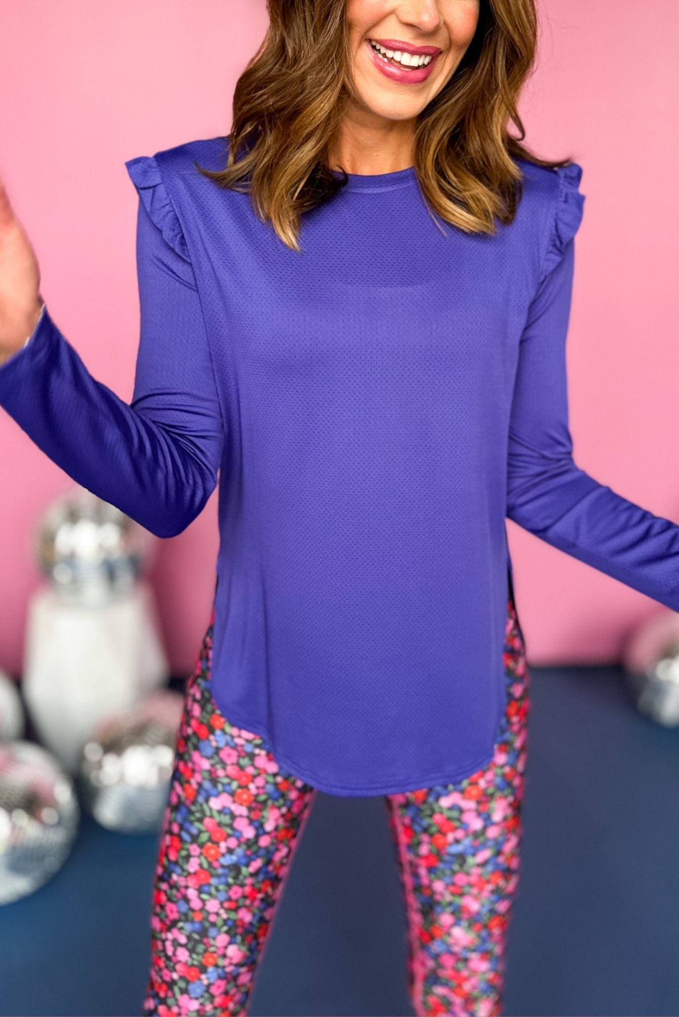 SSYS Purple Long Sleeve Ruffle Hem Active Top, must have top, must have athleisure, elevated style, elevated athleisure, mom style, active style, active wear, fall athleisure, fall style, comfortable style, elevated comfort, shop style your senses by mallory fitzsimmons