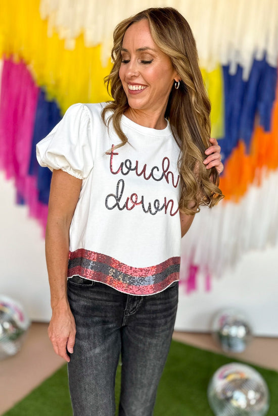 White Red Sequin Touch Down Puff Sleeve Top, game day top, gameday essential, game day top, gameday look, must have, game day sparkle, georgia game day, alabama game day, texas tech gameday, elevated style, mom style, shop style your senses by mallory fitzsimmons
