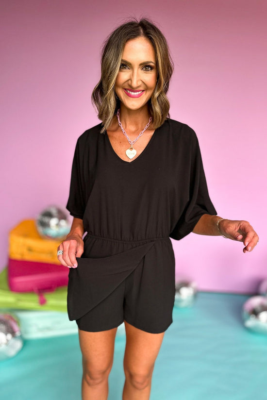 Load image into Gallery viewer, Black Textured V Neck Dolman Sleeve Romper, summer romper, date night outfit, elevated style, shop style your senses by mallory fitzsimmons
