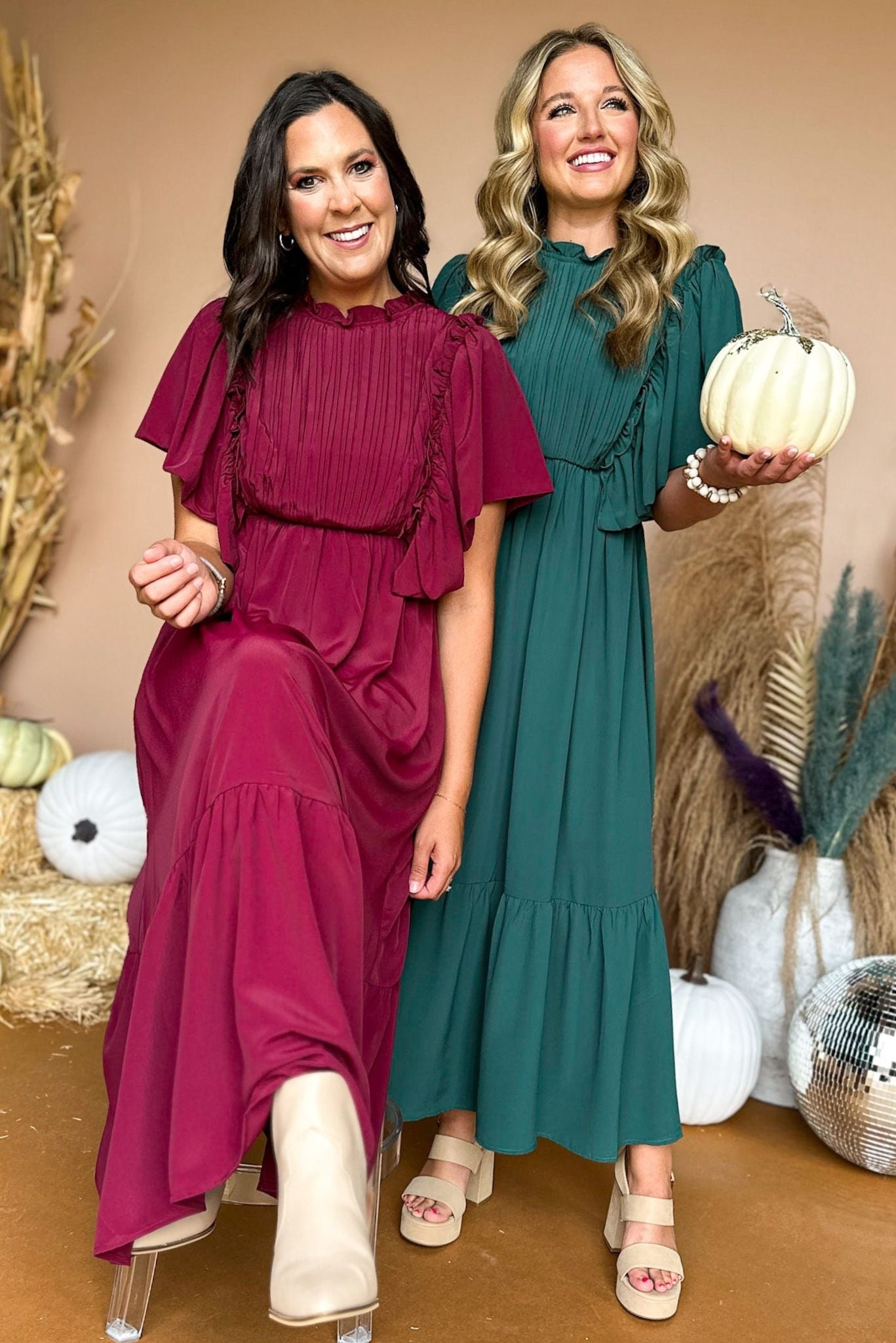 Load image into Gallery viewer, Burgundy Flutter Sleeve Frill Neck Tiered Midi Dress, must have dress, must have style, fall style, fall fashion, elevated style, elevated dress, mom style, fall collection, fall dress, shop style your senses by mallory fitzsimmons
