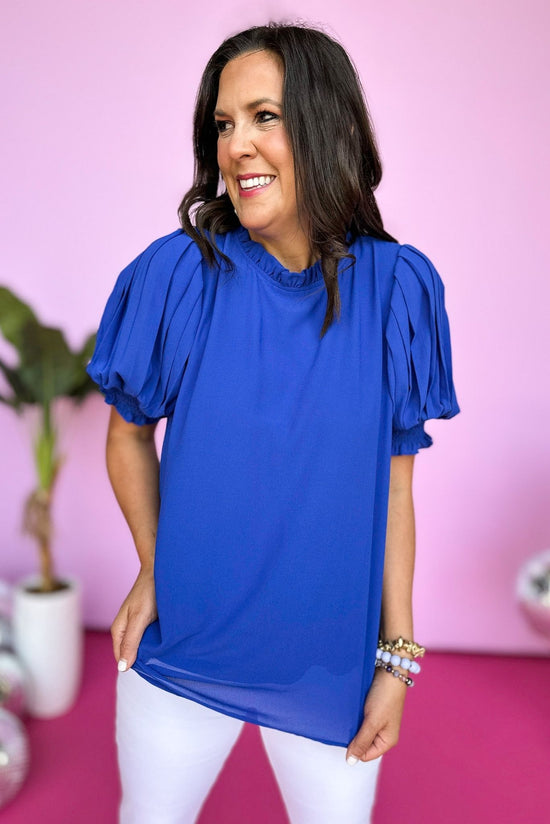 Load image into Gallery viewer, Royal Blue Frill Neck Pleated Short Sleeve Top, frill neck top, blue top, summer top, mom style, shop style your senses by mallory fitzsimmons
