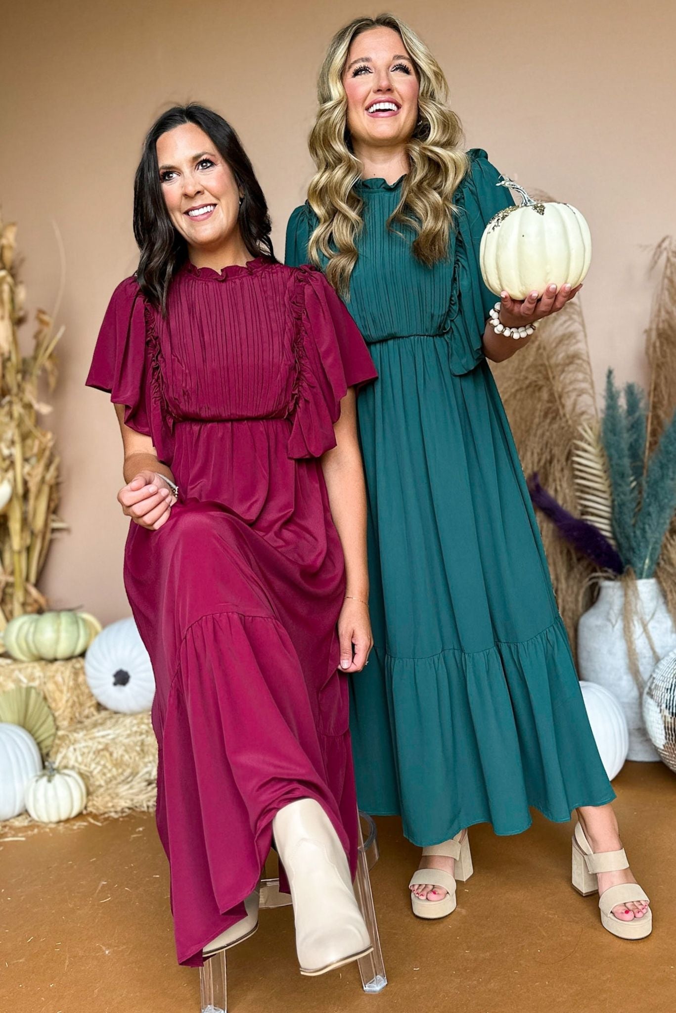 Load image into Gallery viewer, Green Flutter Sleeve Frill Neck Tiered Midi Dress, must have dress, must have style, fall style, fall fashion, elevated style, elevated dress, mom style, fall collection, fall dress, shop style your senses by mallory fitzsimmons
