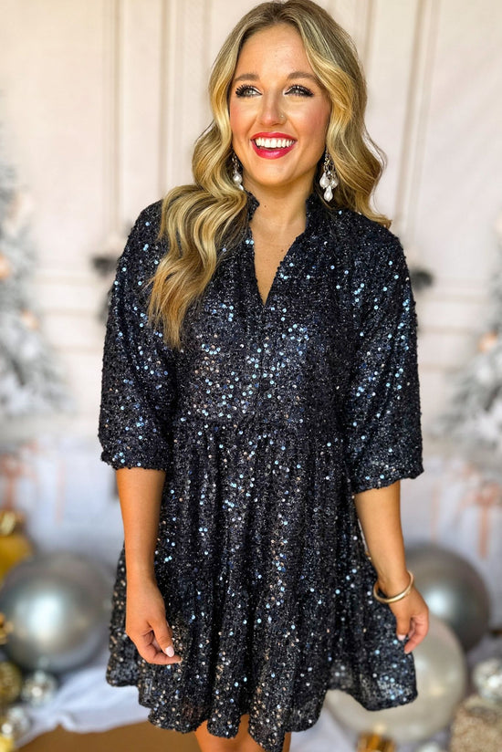 Load image into Gallery viewer, SSYS The Gloria Dress In Navy, must have dress, must have style, holiday style, holiday fashion, elevated style, elevated dress, mom style, holiday collection, holiday dress, shop style your senses by mallory fitzsimmons
