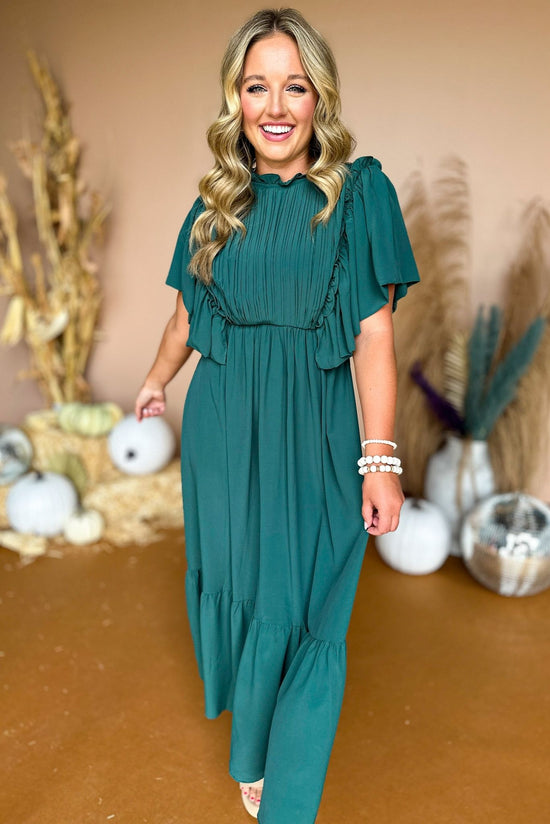 Load image into Gallery viewer, Green Flutter Sleeve Frill Neck Tiered Midi Dress, must have dress, must have style, fall style, fall fashion, elevated style, elevated dress, mom style, fall collection, fall dress, shop style your senses by mallory fitzsimmons
