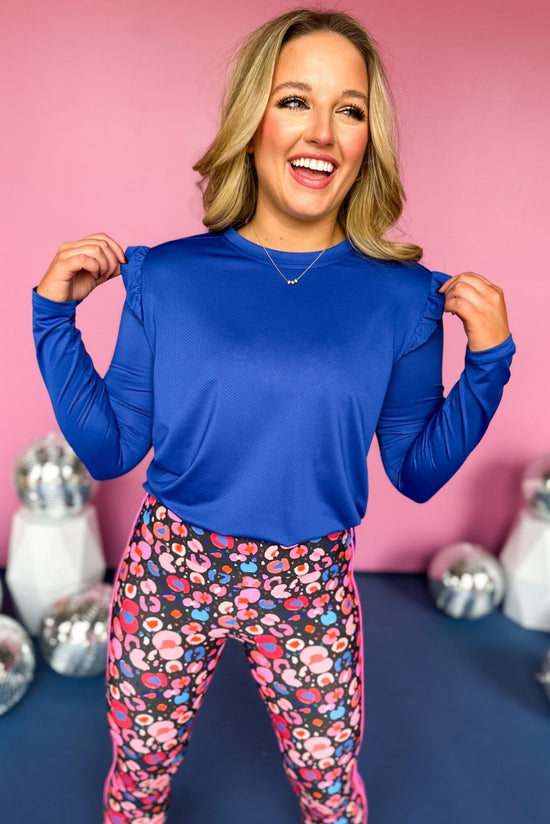Load image into Gallery viewer, SSYS Royal Blue Long Sleeve Ruffle Hem Active Top, must have top, must have athleisure, elevated style, elevated athleisure, mom style, active style, active wear, fall athleisure, fall style, comfortable style, elevated comfort, shop style your senses by mallory fitzsimmons
