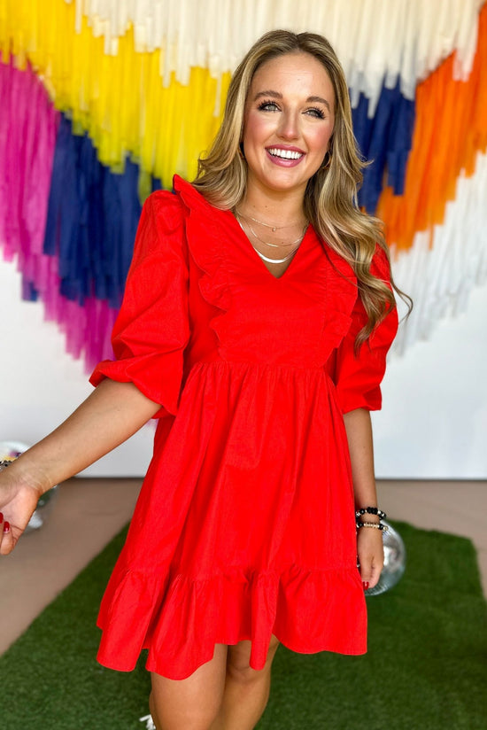 Load image into Gallery viewer, Karlie Red Poplin Ruffle V Neck 3/4 Sleeve Dress, game day style, gameday dress, gameday look, game day essential, georgia gameday, alabama gameday, football gameday, texas tech gameday, elevated style, mom style, shop style your senses by mallory fitzsimmons
