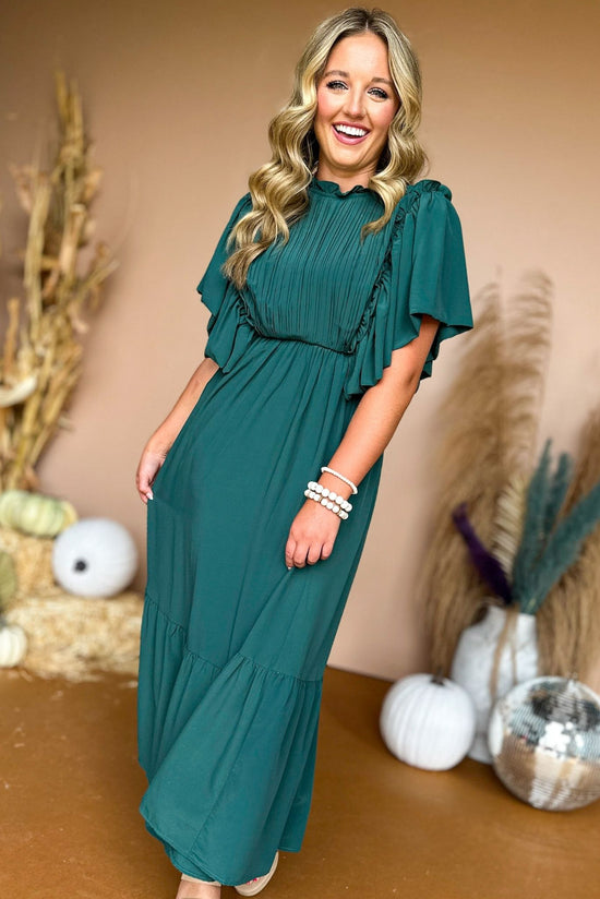  Green Flutter Sleeve Frill Neck Tiered Midi Dress, must have dress, must have style, fall style, fall fashion, elevated style, elevated dress, mom style, fall collection, fall dress, shop style your senses by mallory fitzsimmons