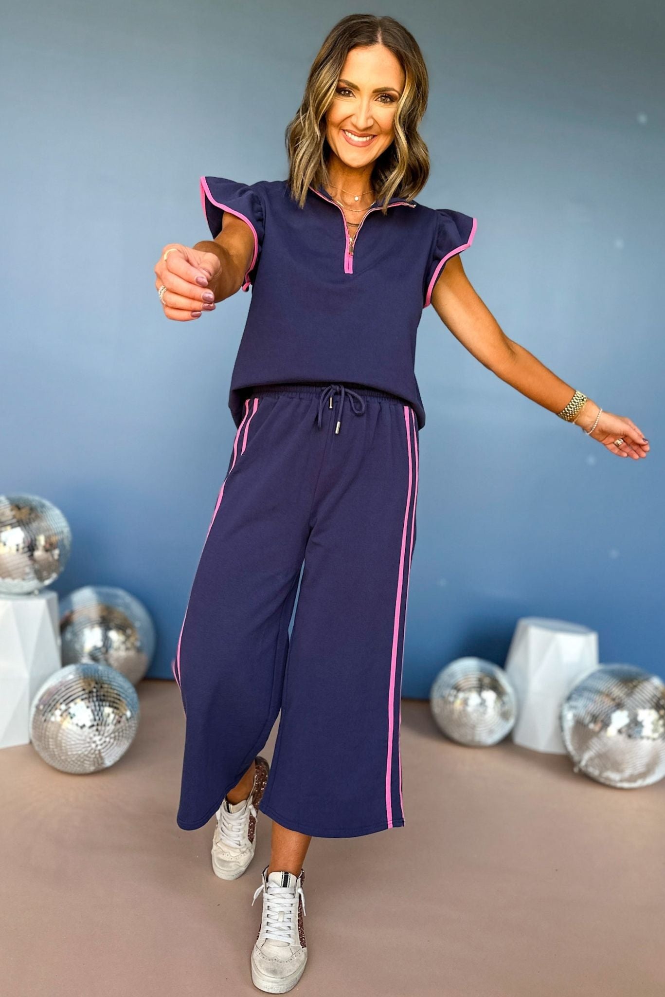 Load image into Gallery viewer, SSYS The Madison Set In Navy And Pink, elevated look, elevated style, matching set, must have set, must have travel, travel outfit, everyday outfit, SSYS the label, mom style, elevated style, shop style your senses by mallory fitzsimmons
