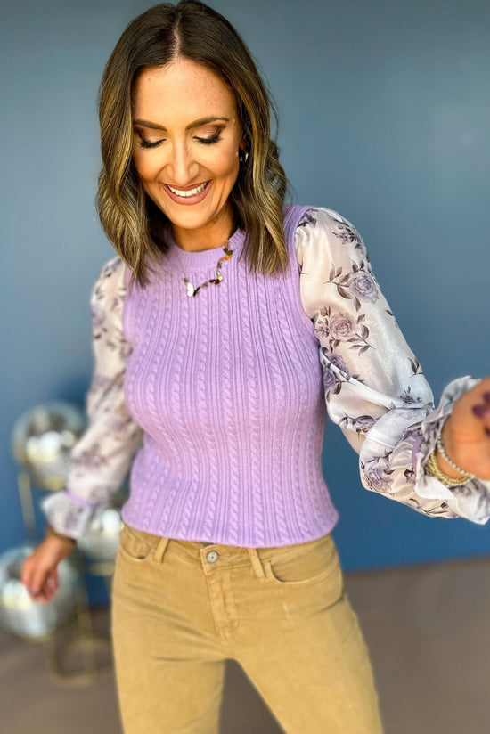 Lavender Floral Printed Contrast Sleeve Sweater, must have top, must have sleeves, must have fall, fall style, fall top, sweater top, floral, elevated style, mom style, shop style your senses by mallory fitzsimmons