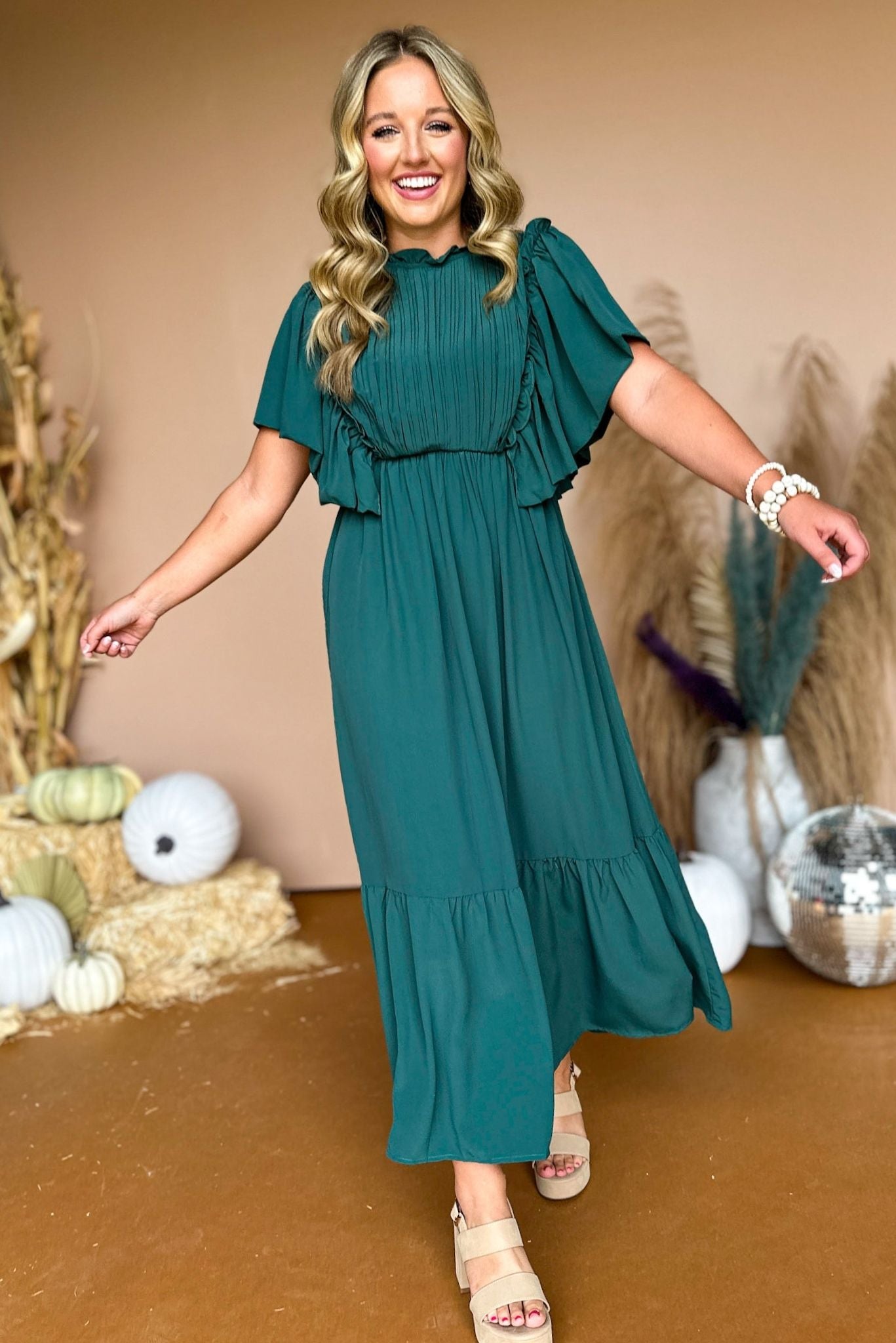 Green Flutter Sleeve Frill Neck Tiered Midi Dress, must have dress, must have style, fall style, fall fashion, elevated style, elevated dress, mom style, fall collection, fall dress, shop style your senses by mallory fitzsimmons