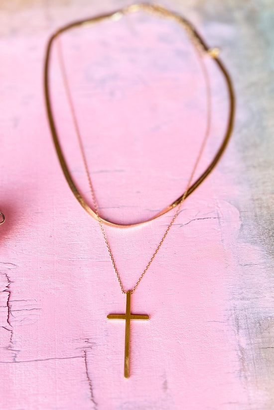 Gold Cross Pendant Snake Chain Necklace, cross detail, layered, layered look, everyday wear, shop style your senses by mallory fitzsimmons