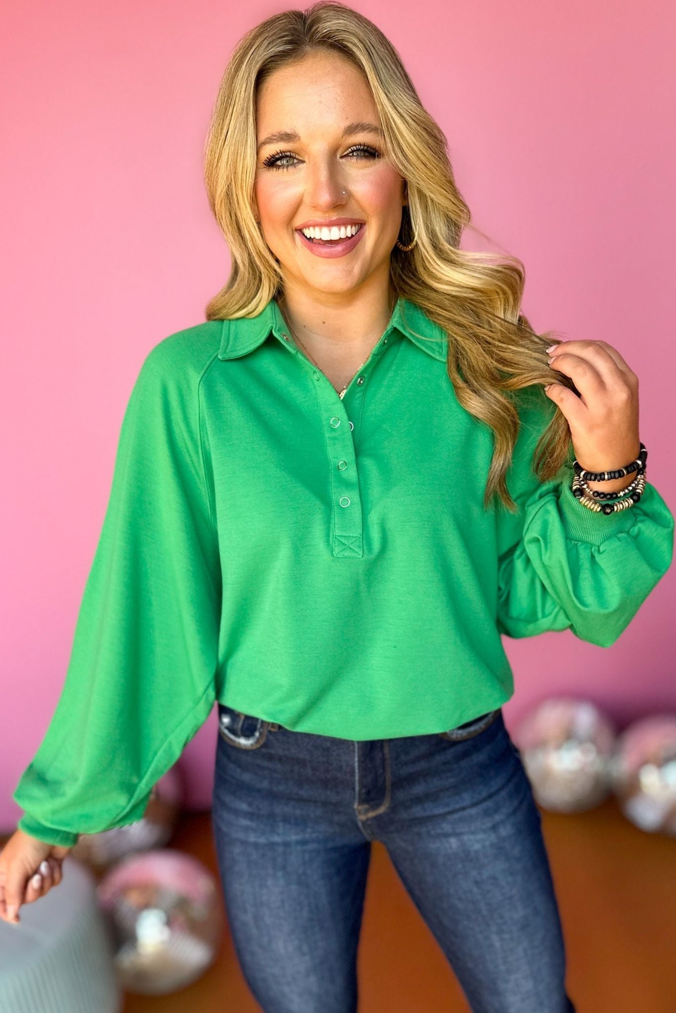 Kelly Green Quarter Button Collared Long Sleeve Top, must have top, must have style, must have fall, fall collection, fall fashion, elevated style, elevated top, mom style, fall style, shop style your senses by mallory fitzsimmons