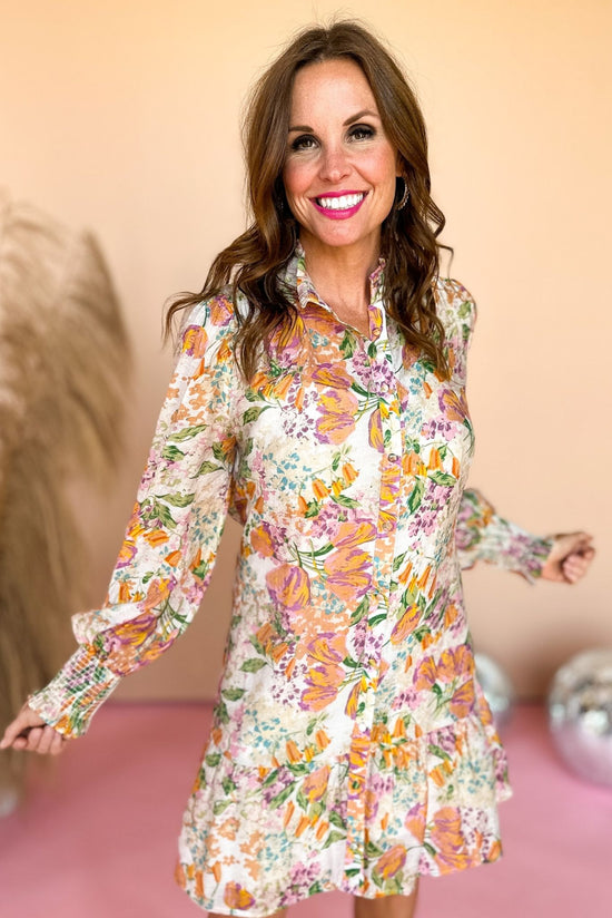 Load image into Gallery viewer, Orange Floral Printed Front Button Frill Neck Tiered Long Sleeve Dress
