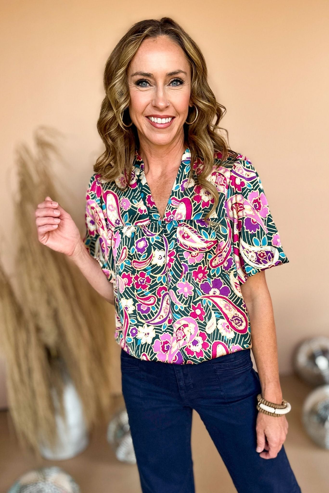 Hunter Green Paisley Print V Neck Puff Sleeve Top, fall top, transitional top, office top, must have, elevated style, mom style, shop style your senses by mallory fitzsimmons