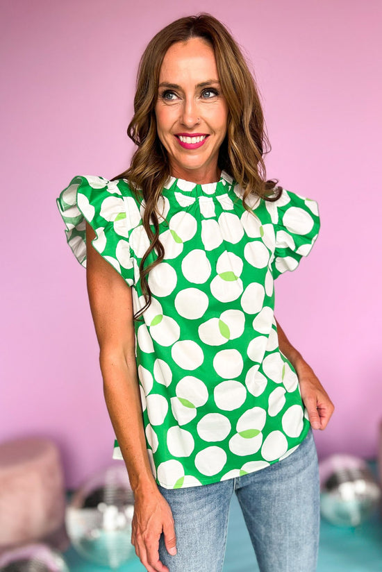 Load image into Gallery viewer, kelly green dot printed ruffle cap sleeved top, fun print, summer colors, workwear, pair with denim, mom style, shop style your senses by mallory fitzsimmons
