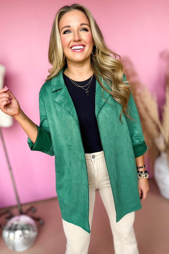 Load image into Gallery viewer, Green Faux Suede Lapel Detail Jacket, elevated style, elevated jacket, must have jacket, must have fall, faux suede jacket, mom style, office style, shop style your senses by mallory fitzsimmons
