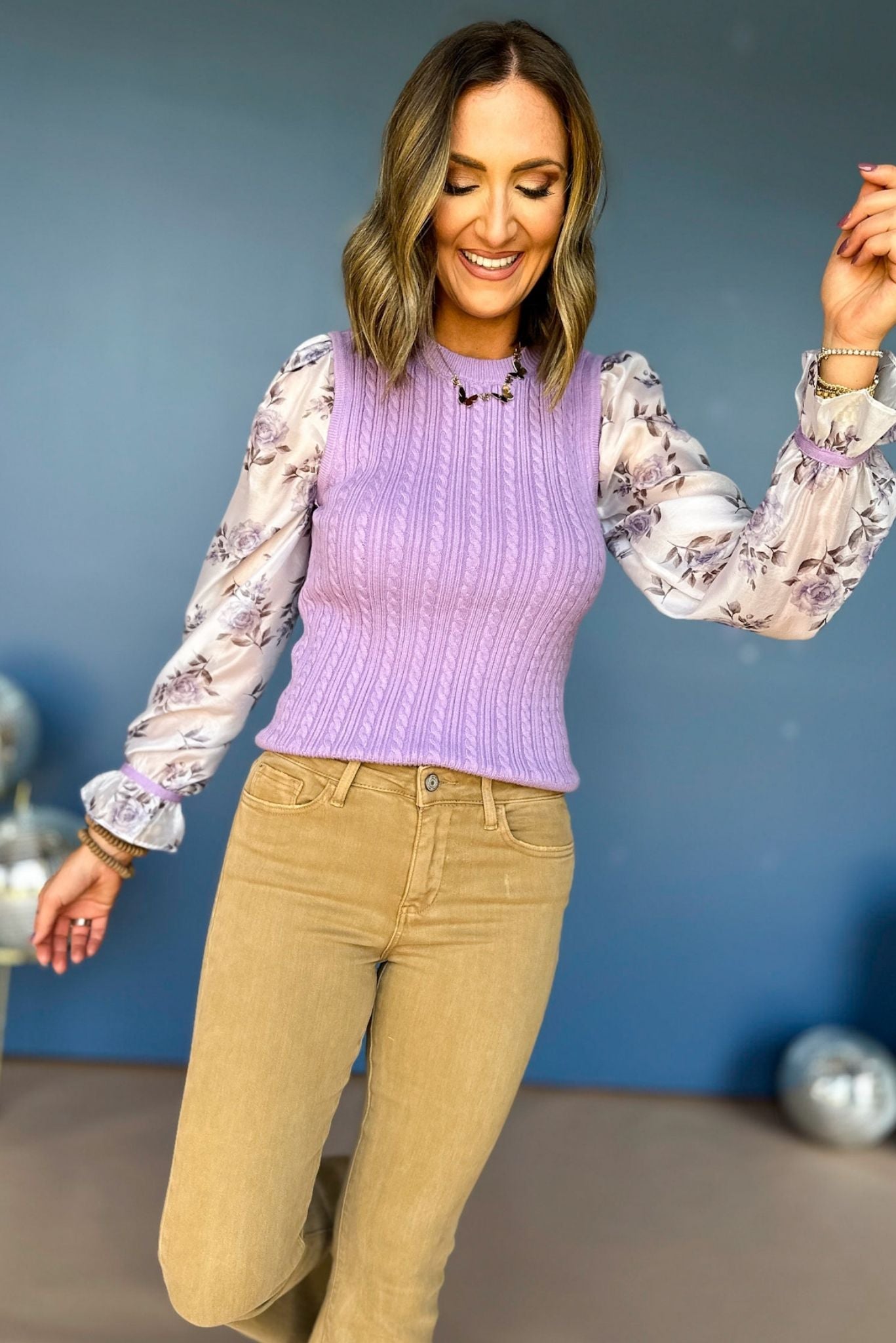 Lavender Floral Printed Contrast Sleeve Sweater, must have top, must have sleeves, must have fall, fall style, fall top, sweater top, floral, elevated style, mom style, shop style your senses by mallory fitzsimmons