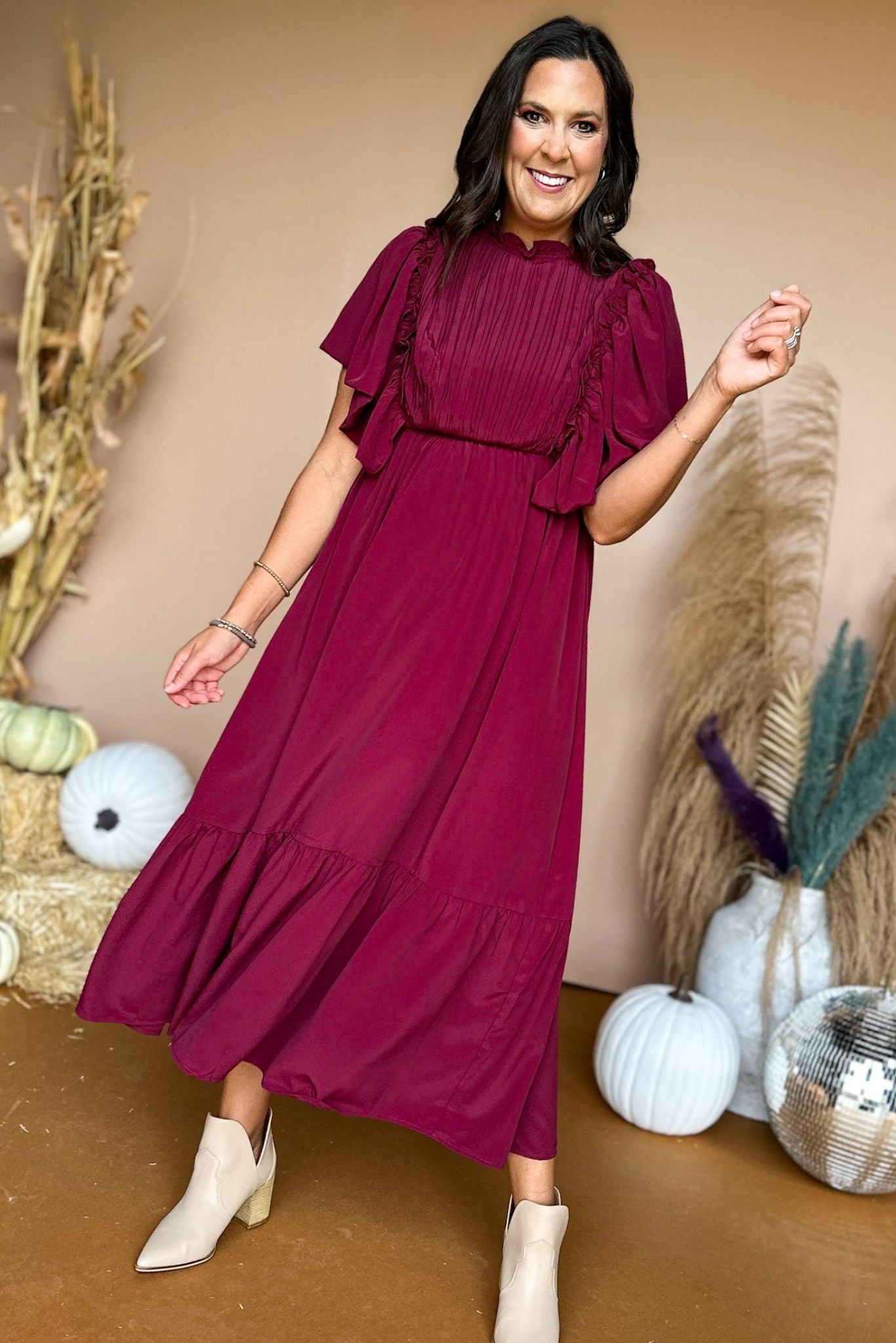 Burgundy Flutter Sleeve Frill Neck Tiered Midi Dress, must have dress, must have style, fall style, fall fashion, elevated style, elevated dress, mom style, fall collection, fall dress, shop style your senses by mallory fitzsimmons