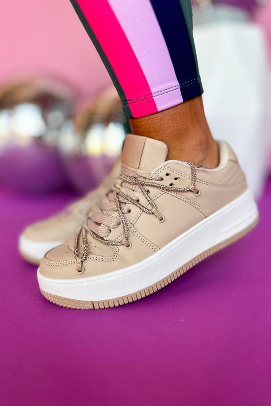 Load image into Gallery viewer, Beige Lace Detail Platform Sneakers, shoes, sneakers, elevated style, elevated sneakers, shop style your senses by mallory fitzsimmons
