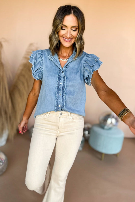 Blue Light Wash Fray Detail Button Front Short Ruffle Sleeve Top, mom chic, mom style, must have top, denim top, fall style, must have fall, must have staple, staple piece, transition piece, shop style your senses by mallory fitzsimmons