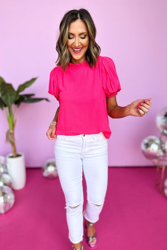 Hot Pink Frill Neck Pleated Short Sleeve Top, frill neck top, summer top, mom style, shop style your senses by mallory fitzsimmons