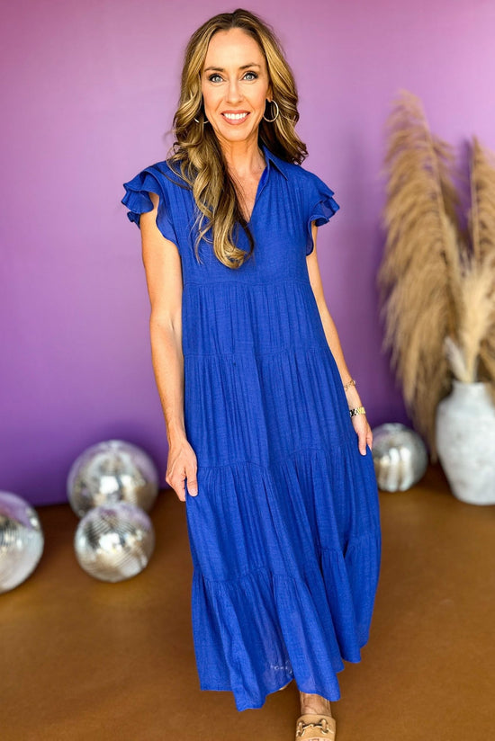 Royal Blue Collared Layered Ruffled Cap , must have dress, must have royal blue, fall dress, summer to fall dress, elevated style, chic style, mom style , shop style your senses by mallory fitzsimmons