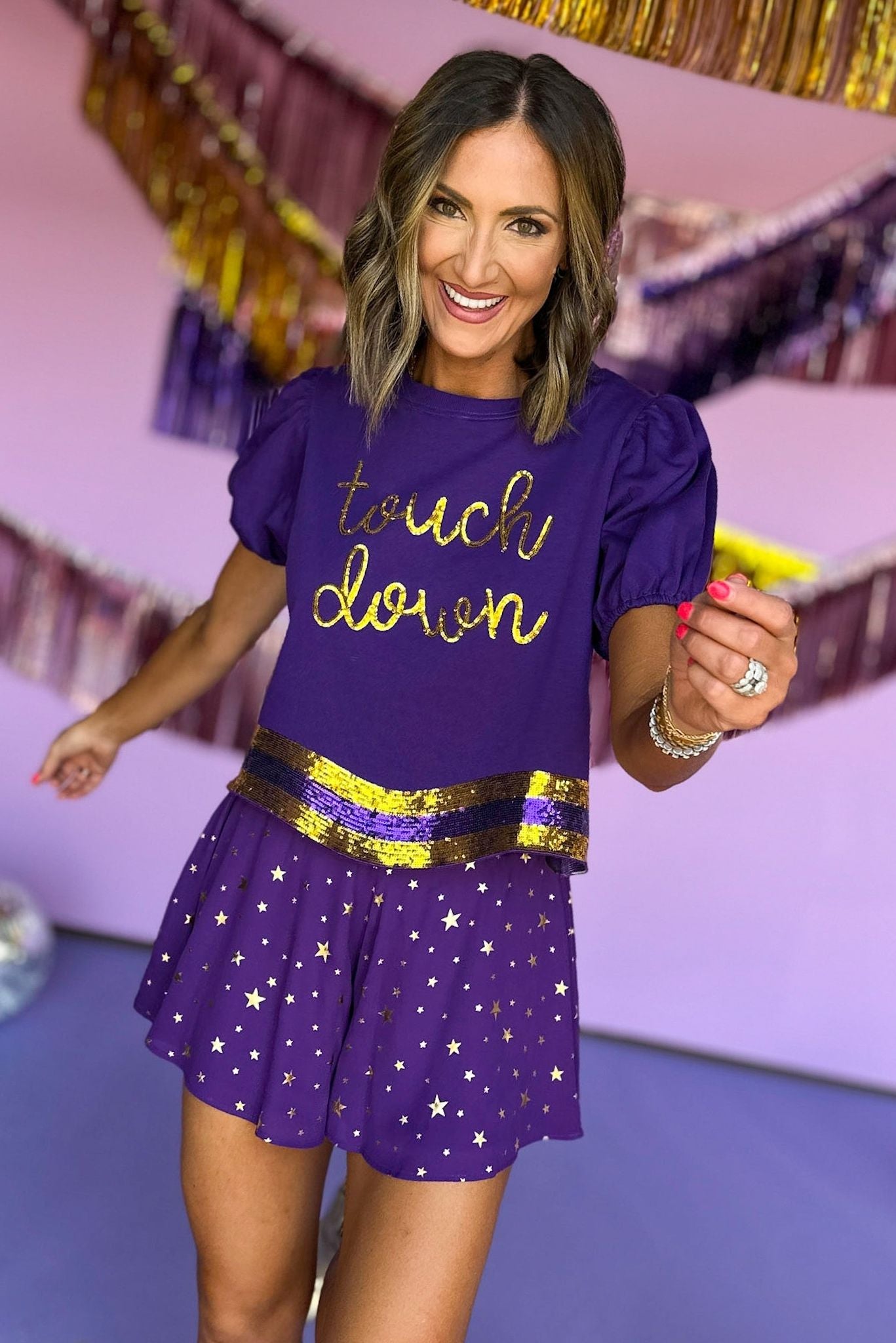 Purple Gold Sequin Touch Down Puff Sleeve Top, game day style, game day top, gameday essential, game day must have, lsu gameday, tcu gameday, elevated style, mom style, shop style your senses by mallory fitzsimmons