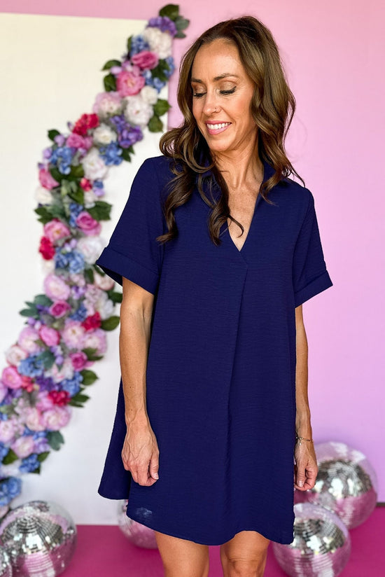Load image into Gallery viewer, SSYS Navy Collared Short Sleeve Crepe Dress, Short Sleeve Dress, Summer Dress, Crepe Dress, Lightweight Dress, Summer Style, Mom Style, Shop Style Your Senses by Mallory Fitzsimmons
