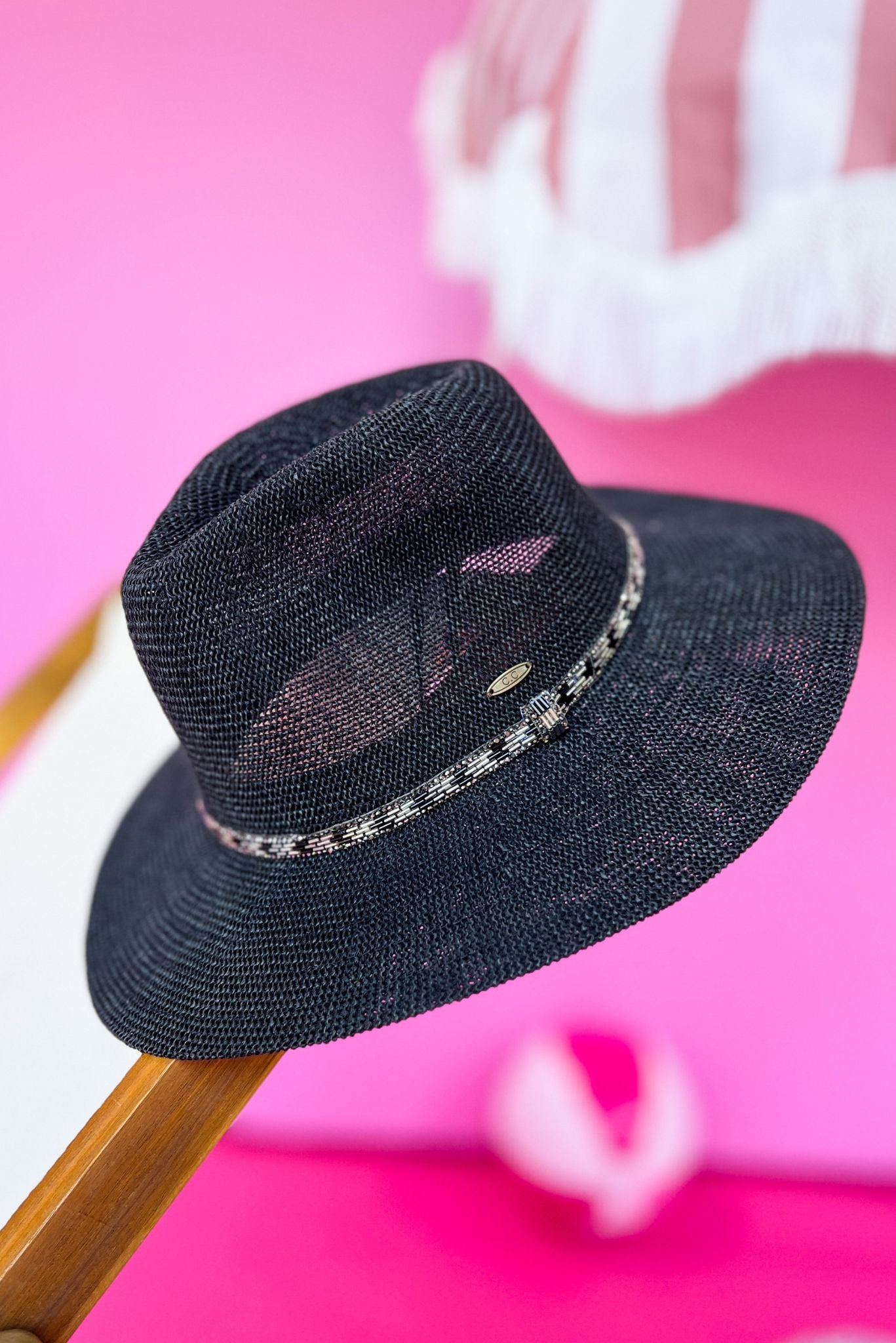 Load image into Gallery viewer, Black Panama Rhinestone Bugle Bead Trim Hat *FINAL SALE*
