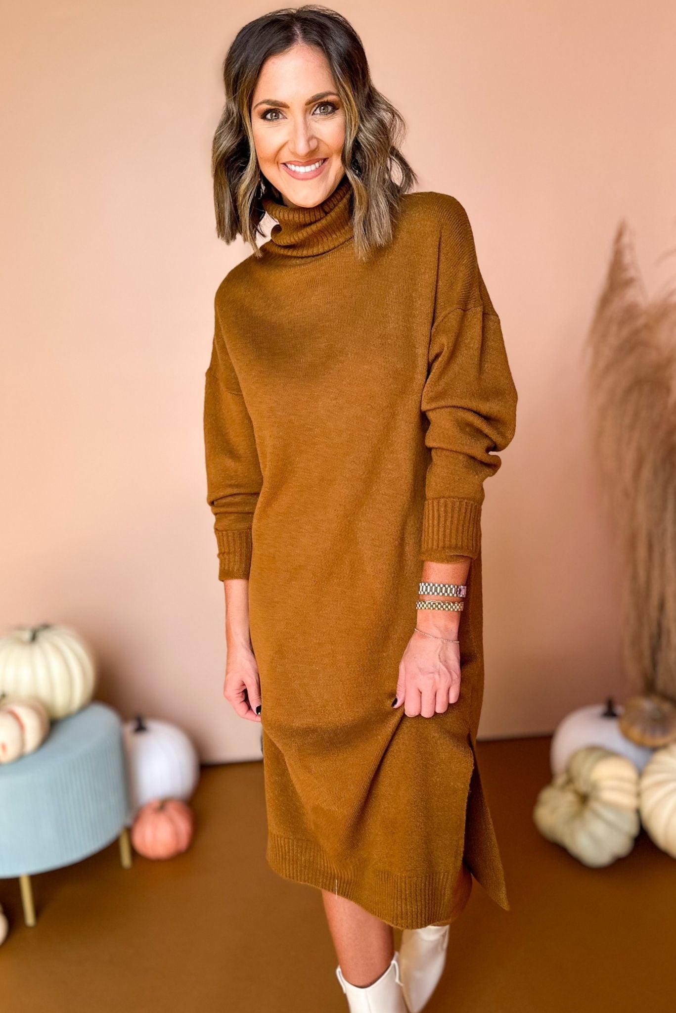 Brown Turtleneck Sweater Midi Dress, must have dress, must have style, fall style, fall fashion, elevated style, elevated dress, mom style, fall collection, fall dress, shop style your senses by mallory fitzsimmons