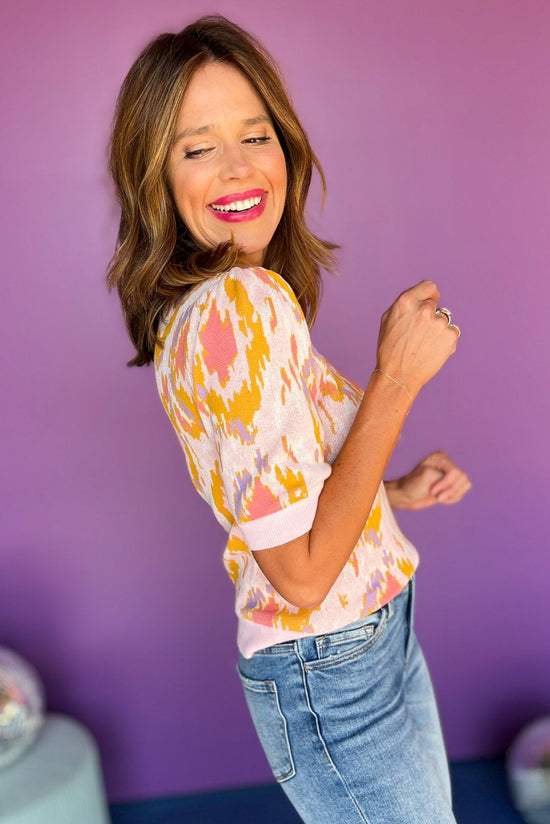 Pink Yellow Printed Short Puff Sleeve Sweater Top, must have top, must have style, must have fall, fall collection, fall fashion, elevated style, elevated top, mom style, fall style, shop style your senses by mallory fitzsimmons