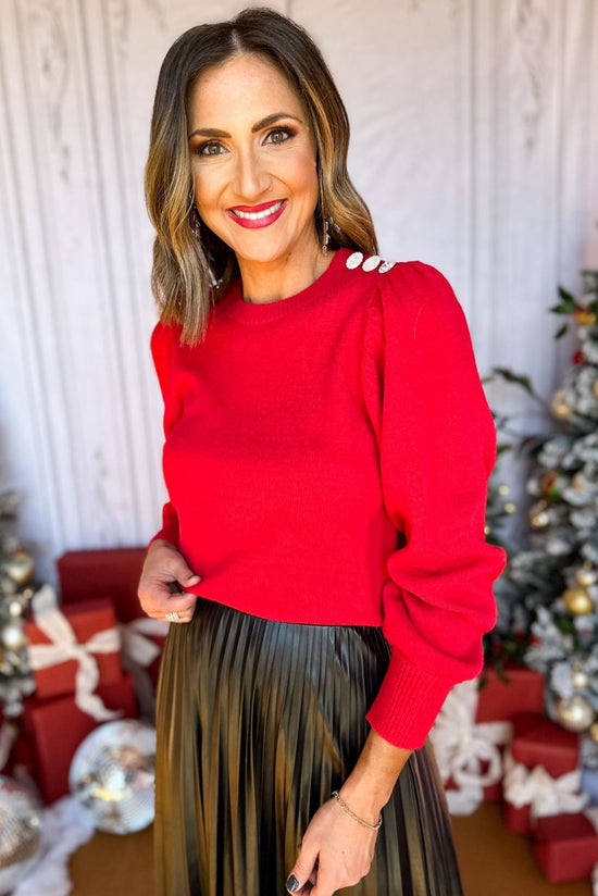 Load image into Gallery viewer,  Red Button Detail Long Sleeve Sweater, must have sweater, must have style, elevated sweater, elevated style, holiday style, holiday fashion, elevated holiday, holiday collection, affordable fashion, mom style, shop style your senses by mallory fitzsimmons
