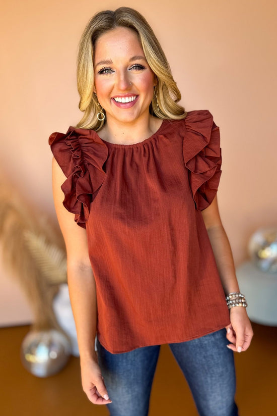 Brown Gathered Neckline Ruffled Sleeveless Top, must have top, must have style, must have fall, fall collection, fall fashion, elevated style, elevated top, mom style, fall style, shop style your senses by mallory fitzsimmons