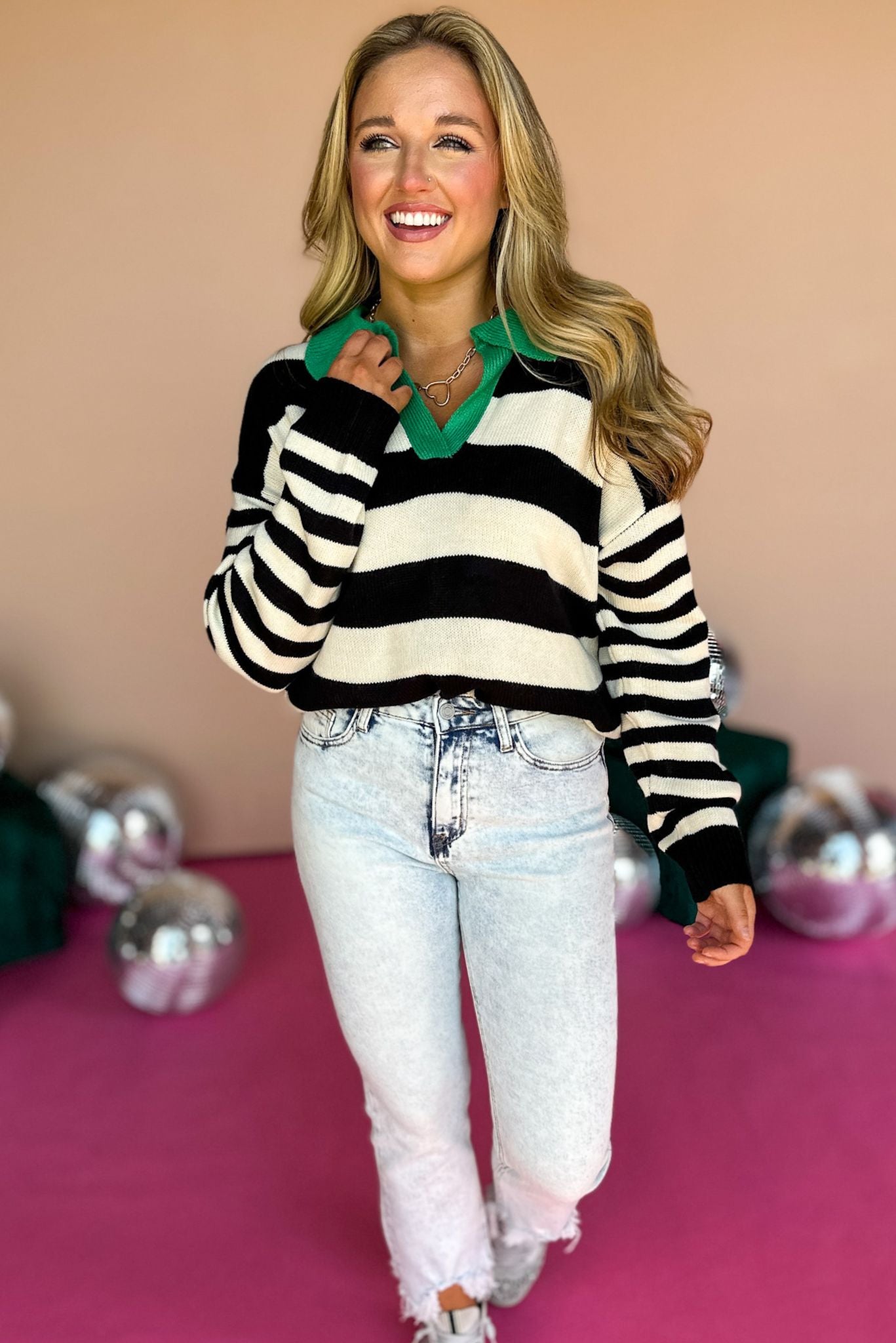 Load image into Gallery viewer, Black Striped Colorblock Long Sleeve Pullover, elevated pullover, elevated top, must have top, must have striped top, fall top, fall pullover, fall fashion, mom style, elevated style, fall style, shop style your senses by mallory fitzsimmons
