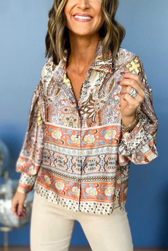 Brown Aztec Printed Button Down Blouson Sleeve Top, must have top, must have print, must have fall top, fall top, fall style, mom style, elevated style, chic style, printed top, shop style your senses by mallory fitzsimmons