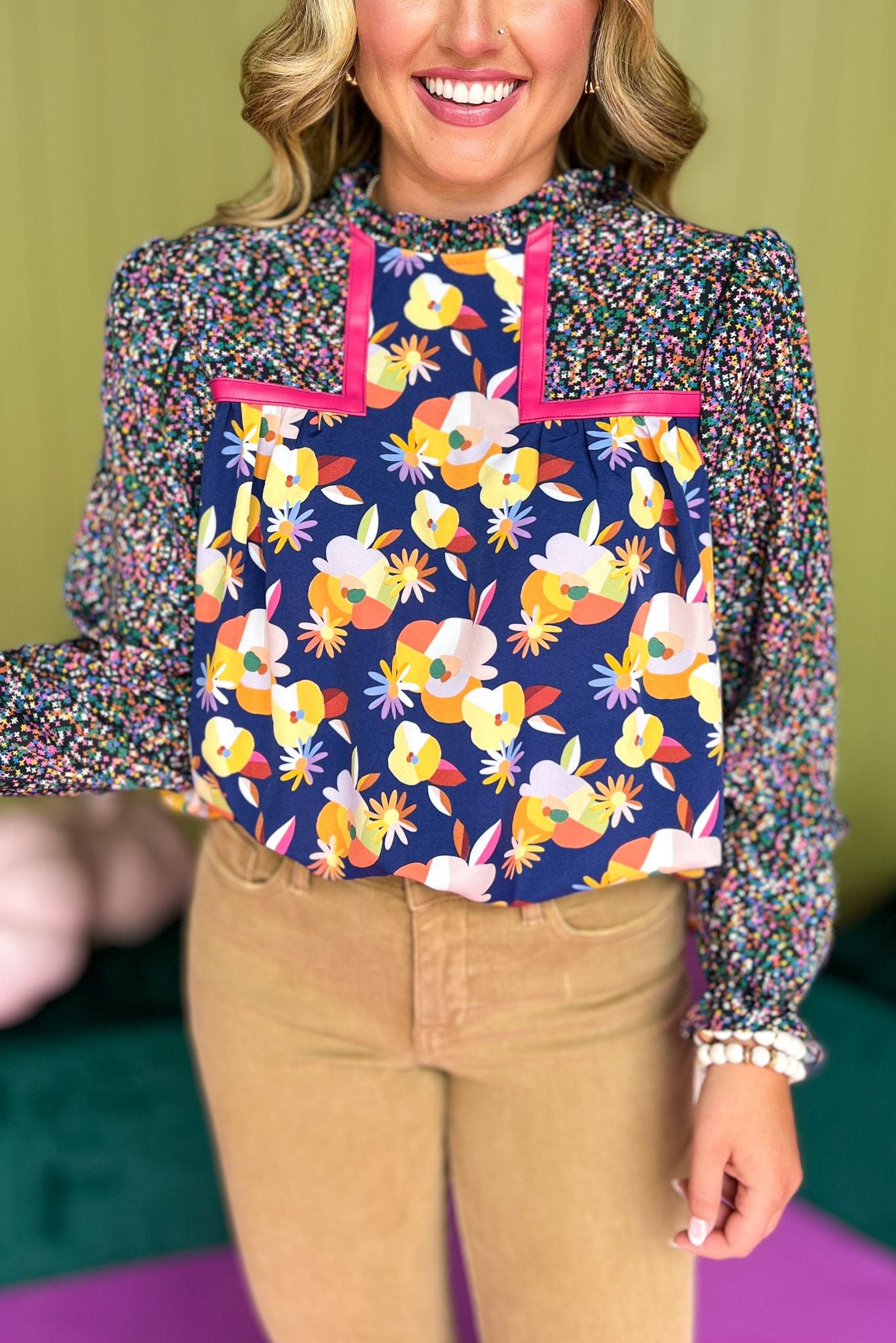 Load image into Gallery viewer, SSYS The Alice Top In Navy Geometric Floral, SSYS the label, printed top, must have top, must hve print, must have fall, fall fashion, fall top, fall style, elevated style, elevated top, shop style your senses by mallory fitzsimmons
