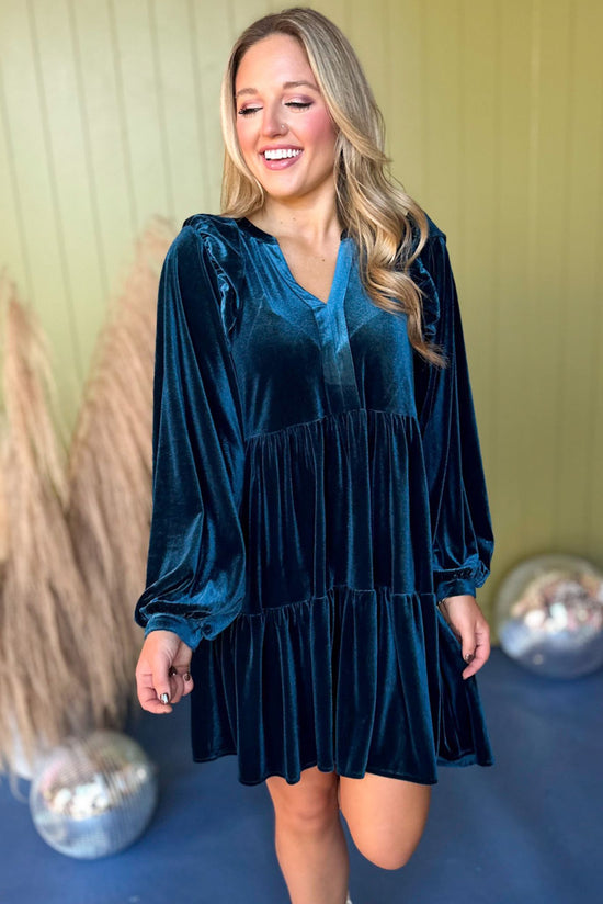 Teal Blue Velvet Tiered Ruffled Shoulder Long Sleeve Dress *FINAL SALE* *Final Sale*, must have dress, must have style, fall style, fall fashion, elevated style, elevated dress, mom style, fall collection, fall dress, shop style your senses by mallory fitzsimmons