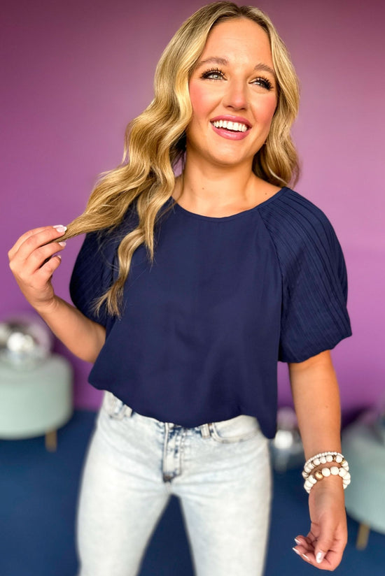 Load image into Gallery viewer, Navy Pleated Bubble Sleeve Top, must have top, must have style, must have fall, fall collection, fall fashion, elevated style, elevated top, mom style, fall style, shop style your senses by mallory fitzsimmons
