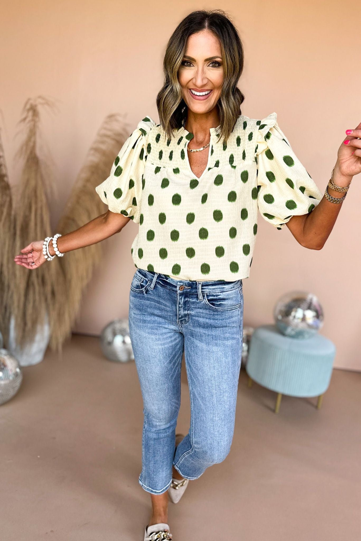 THML Cream Polka Dot Printed Puff Short Sleeve Top, thml, elevated style, mom style, must have, coming soon, shop style your senses by mallory fitzsimmons