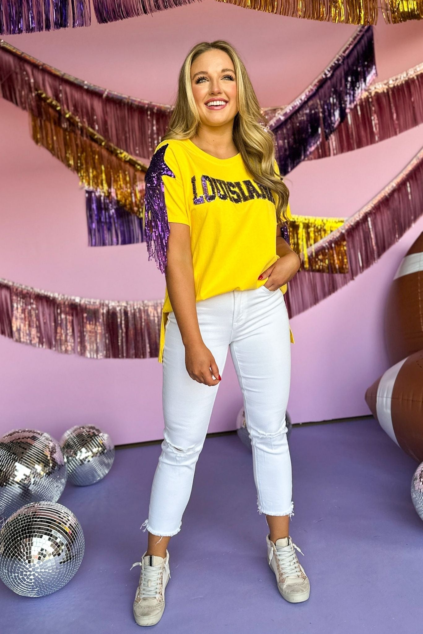 Load image into Gallery viewer, Gold Louisiana Game Day Fringe T-Shirt, game day shirt, game day style, mom style, lsu style, elevated look, shop style your senses by mallory fitzsimmons
