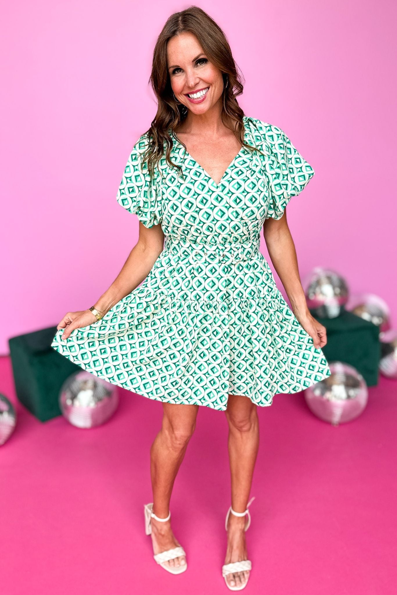 Green Geometric Printed V Neck Puff Short Sleeve Belted Mini Dress, belted dress, geometric print, puff sleeve, must have, new arrival, shop style your senses by mallory fitzsimmons