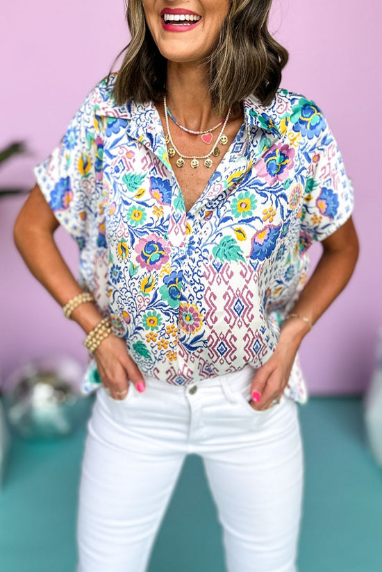 Blue Mixed Printed Collared Back Box Pleated Kimono Sleeve Top, Printed Top, Summer Top, Summer Style, Mom Style, Shop Style Your Senses by Mallory Fitzsimmons