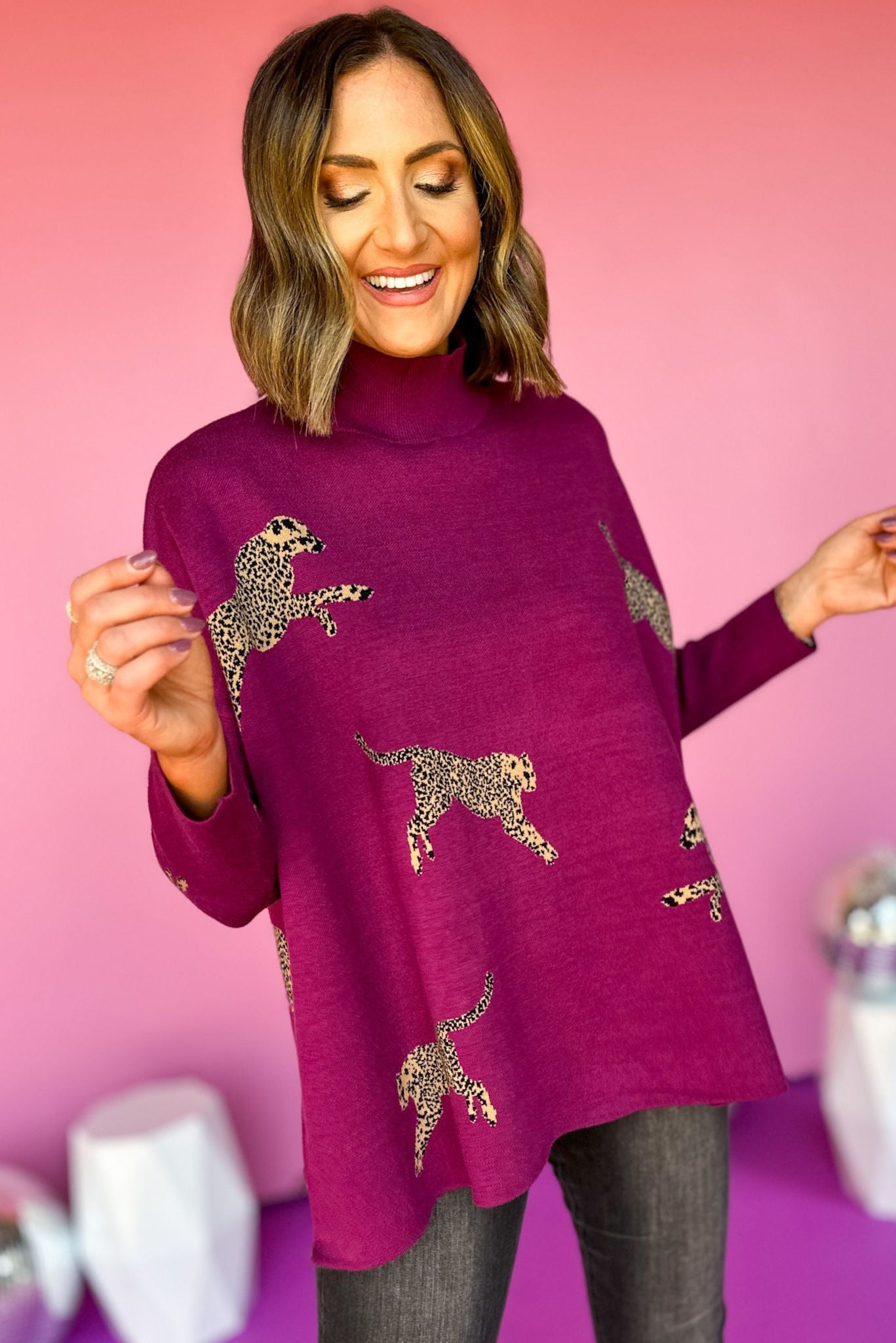 Load image into Gallery viewer, Purple Mock Neck Side Slit Animal Sweater, elevated sweater, elevated stye, must have sweater, must have style, printed sweater, fall sweater, fall fashion, mom style, shop style your senses by mallory fitzsimmons
