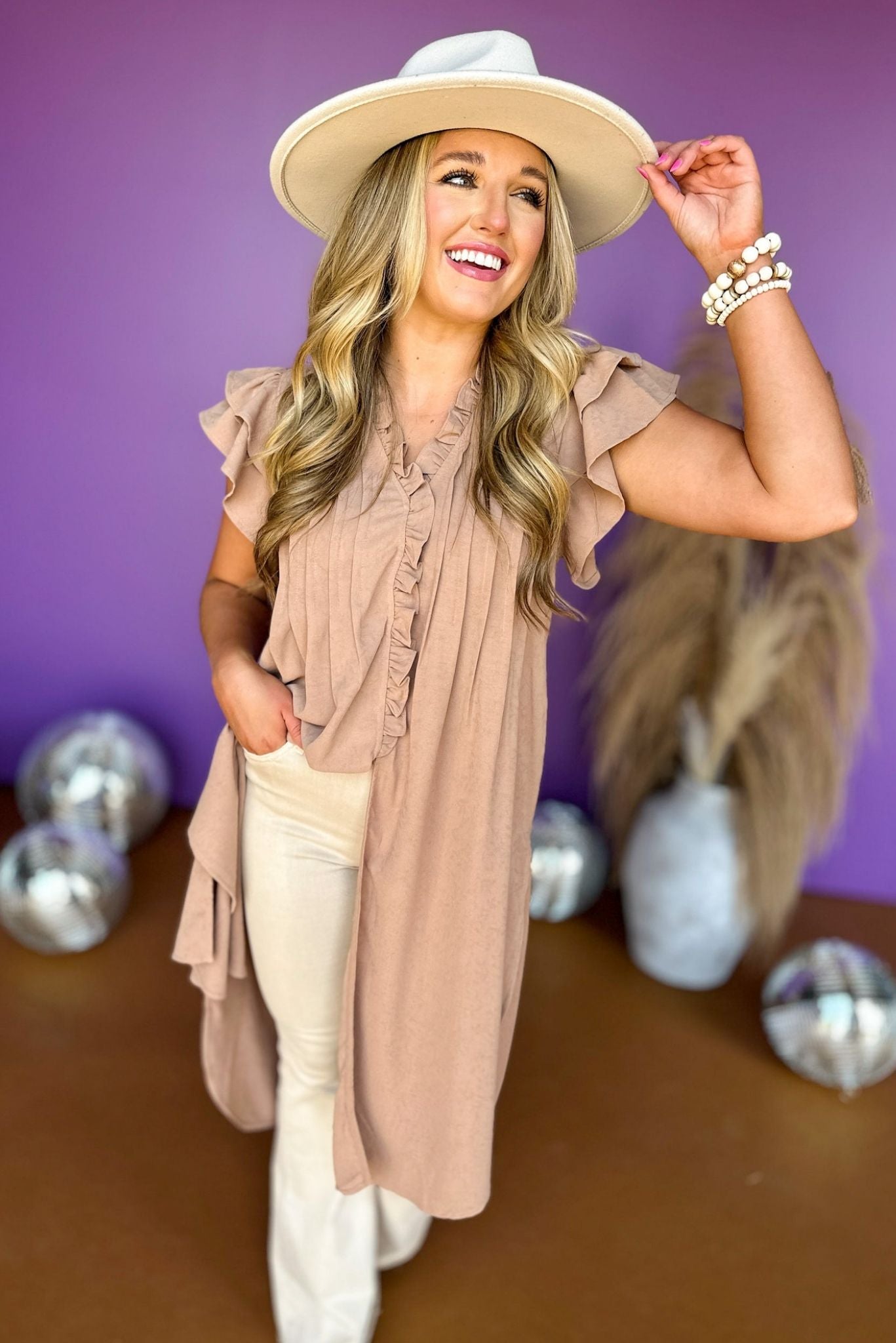 Load image into Gallery viewer, Camel Button Front Pleated Short Ruffle Sleeve Tunic Top, must have top, tunic top, must have style, concert style, western style, elevated style, mom style, festival style, fall style, shop style your senses by mallory fitzsimmons
