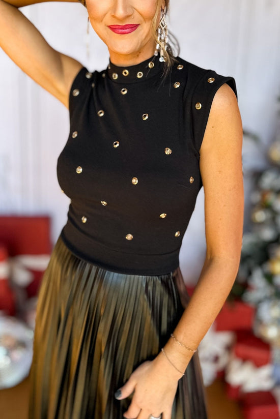 Load image into Gallery viewer, Black High Neck Grommet Detail Sleeveless Top, must have top, must have style, elevated top, elevated style, holiday style, holiday fashion, elevated holiday, holiday collection, affordable fashion, mom style, shop style your senses by mallory fitzsimmons

