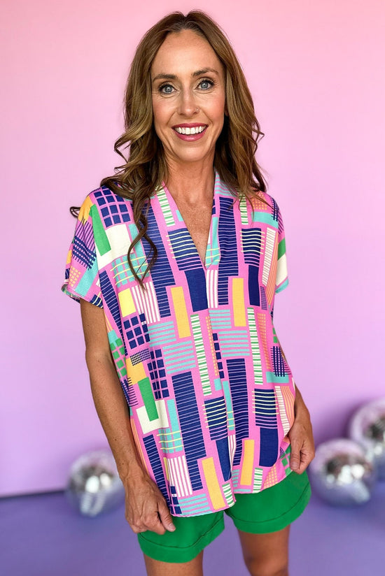 Pink Multi Abstract Printed Drop Shoulder V Neck Side Slit Top, summer top, printed top, elevated style, shop style your senses by mallory fitzsimmons