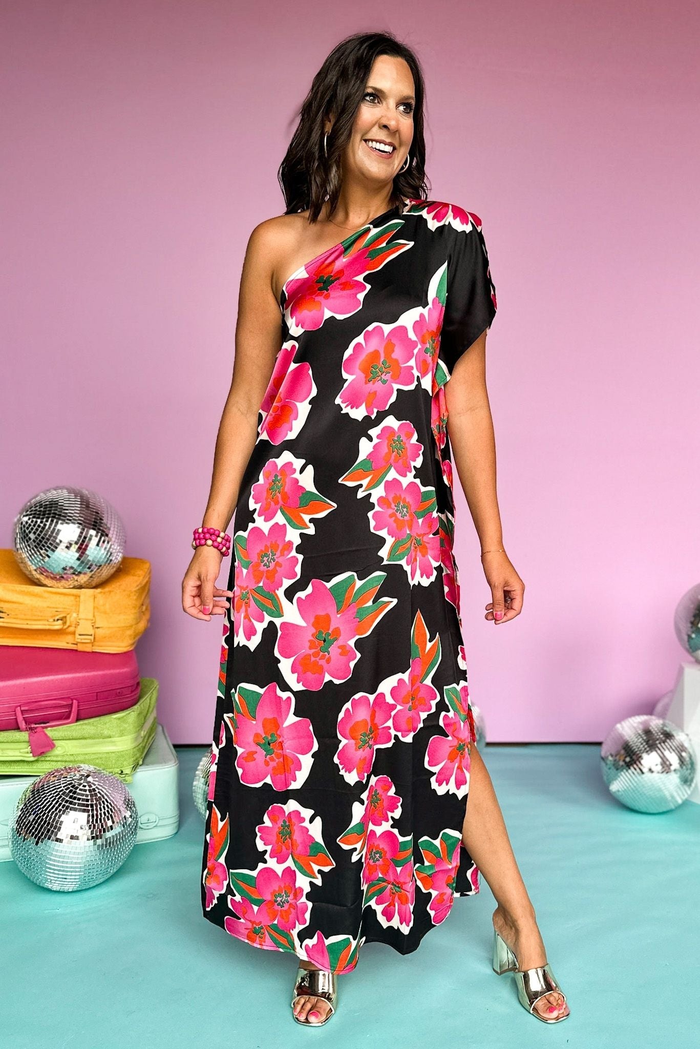 Load image into Gallery viewer, Black Floral Printed Satin One Shoulder Maxi Dress, summer dress, summer maxi, elevated style, shop style your senses by mallory fitzsimmons
